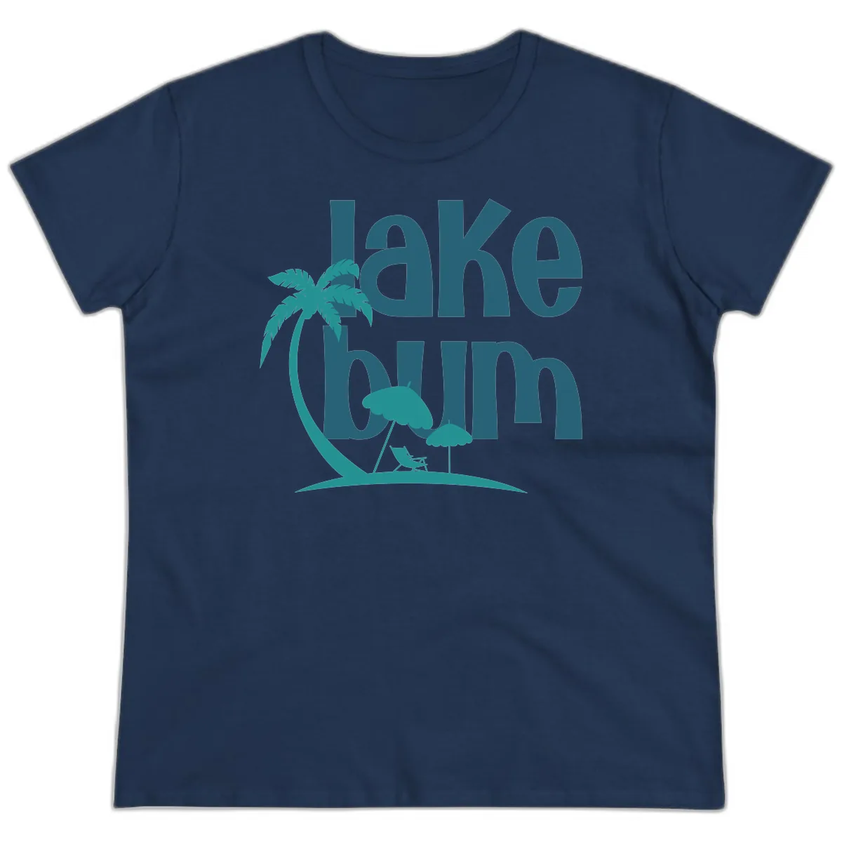 Lake Bum Palm Tree Scene Ladies Tee in Navy
