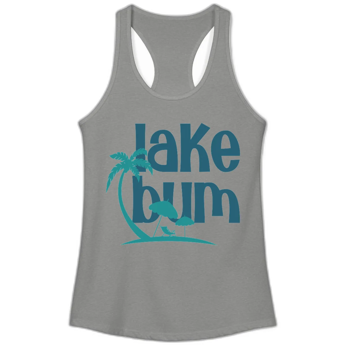 Lake Bum Palm Tree Scene Ladies Tank in Heather Grey