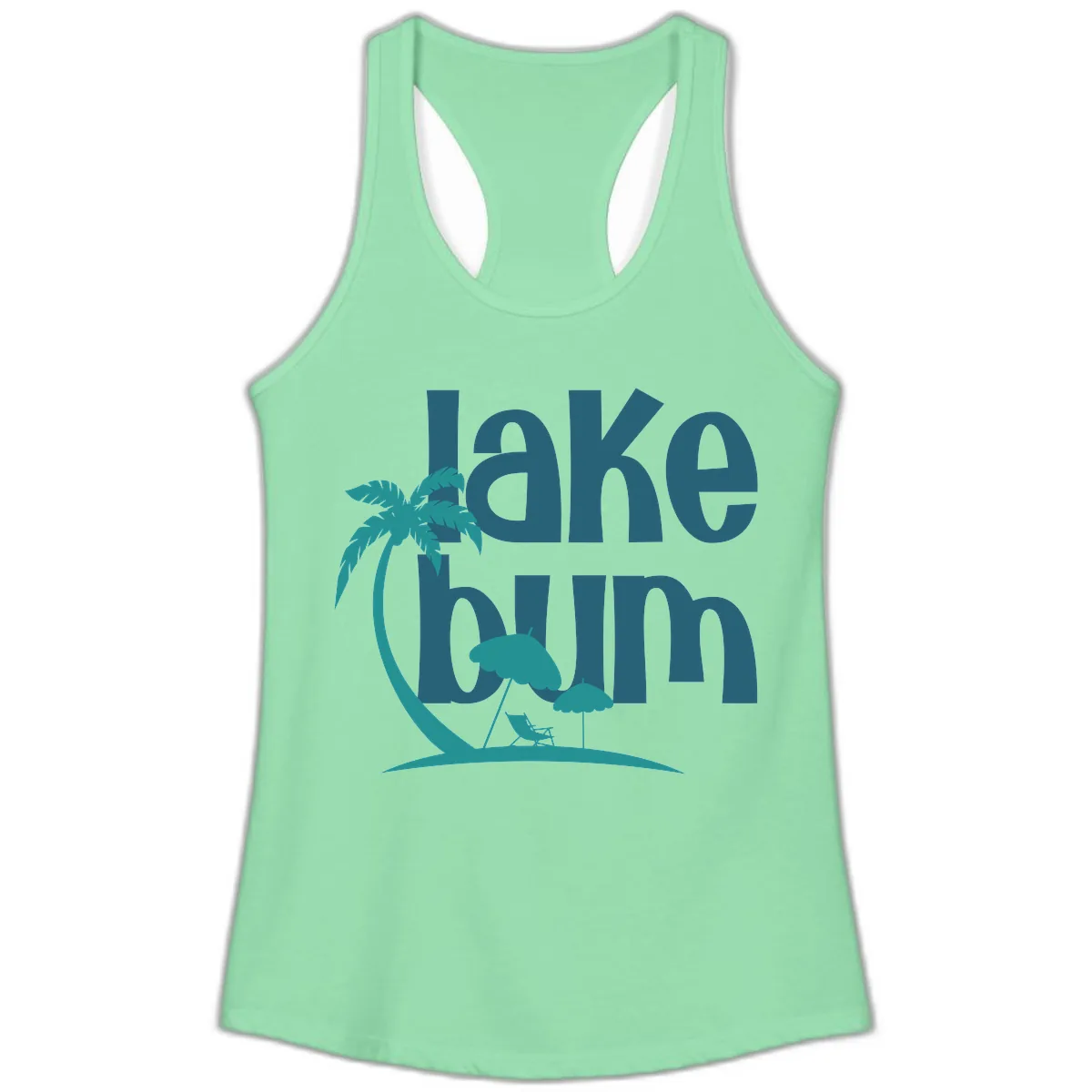 Lake Bum Palm Tree Scene Ladies Tank in Solid Mint