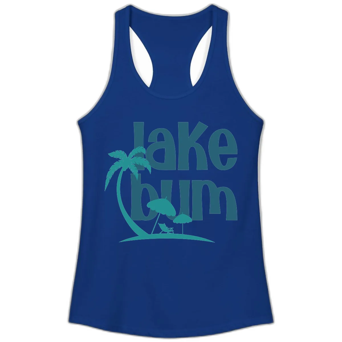Lake Bum Palm Tree Scene Ladies Tank in Solid Royal