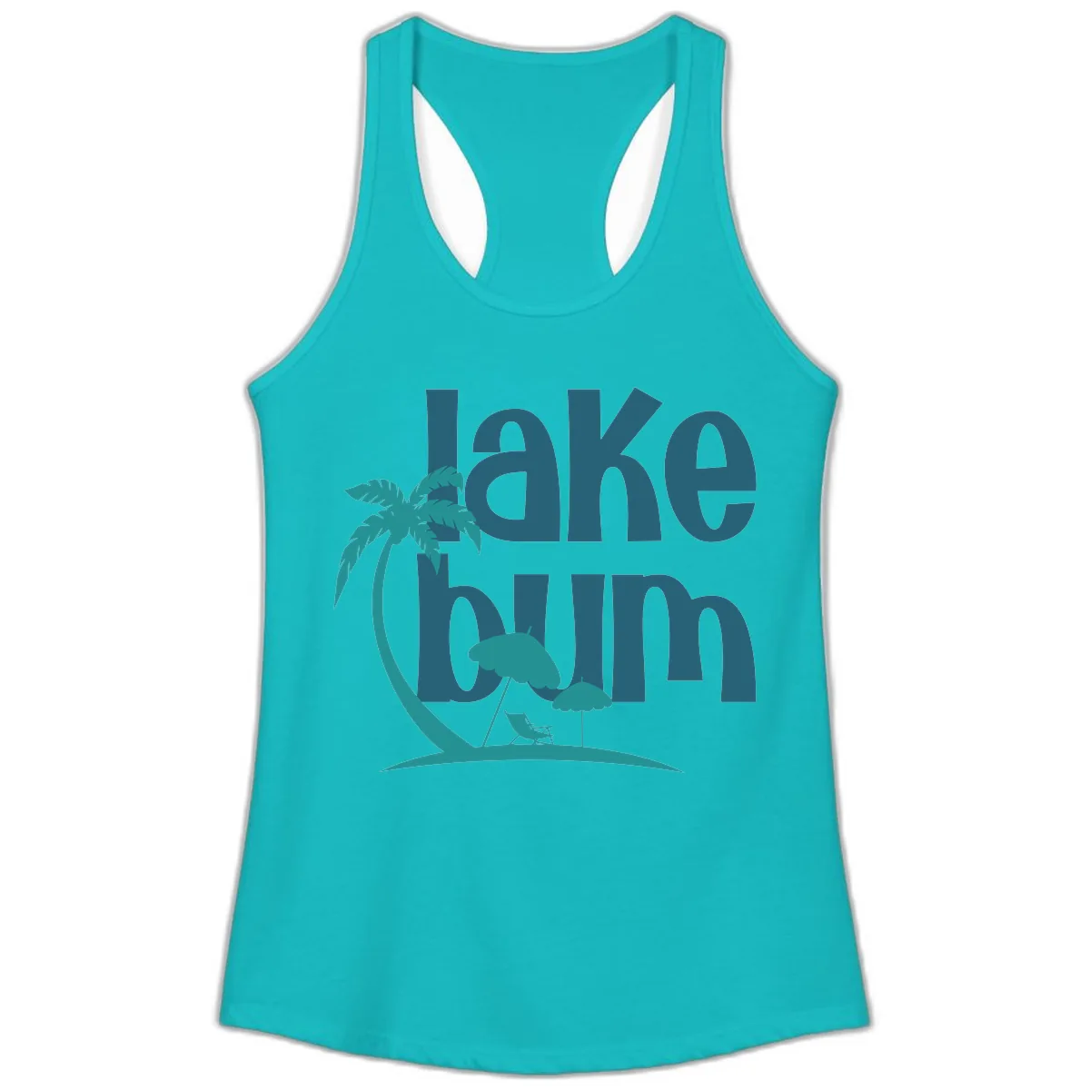 Lake Bum Palm Tree Scene Ladies Tank in Tahiti Blue