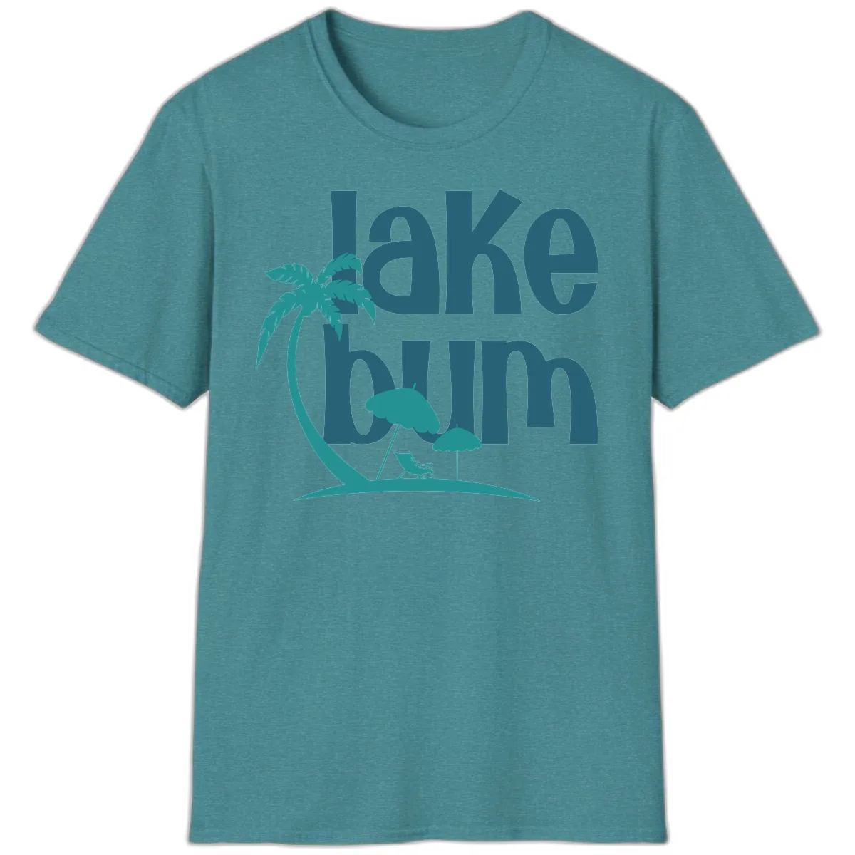 Lake Bum Palm Tree Scene T-Shirt in Heather Galapagos Blue