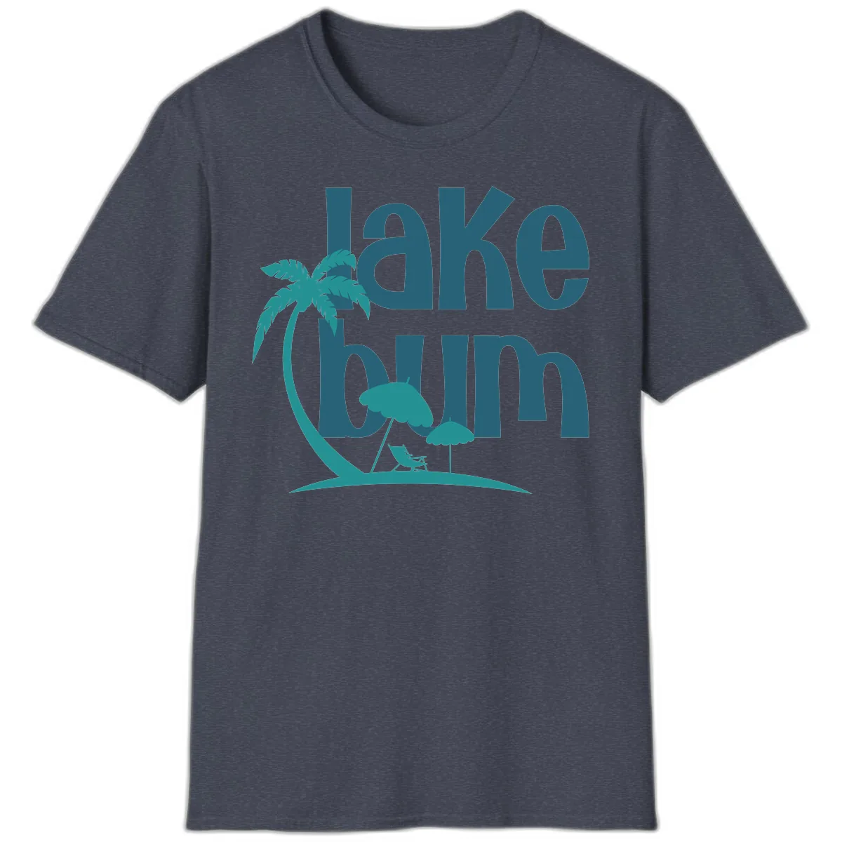 Lake Bum Palm Tree Scene T-Shirt in Heather Navy