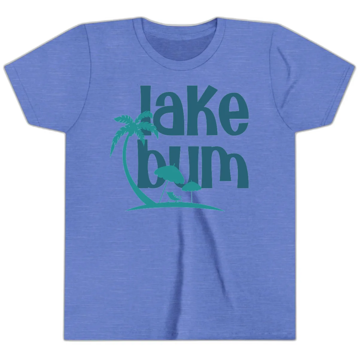 Lake Bum Palm Tree Scene Youth T-Shirt in Heather Columbia Blue