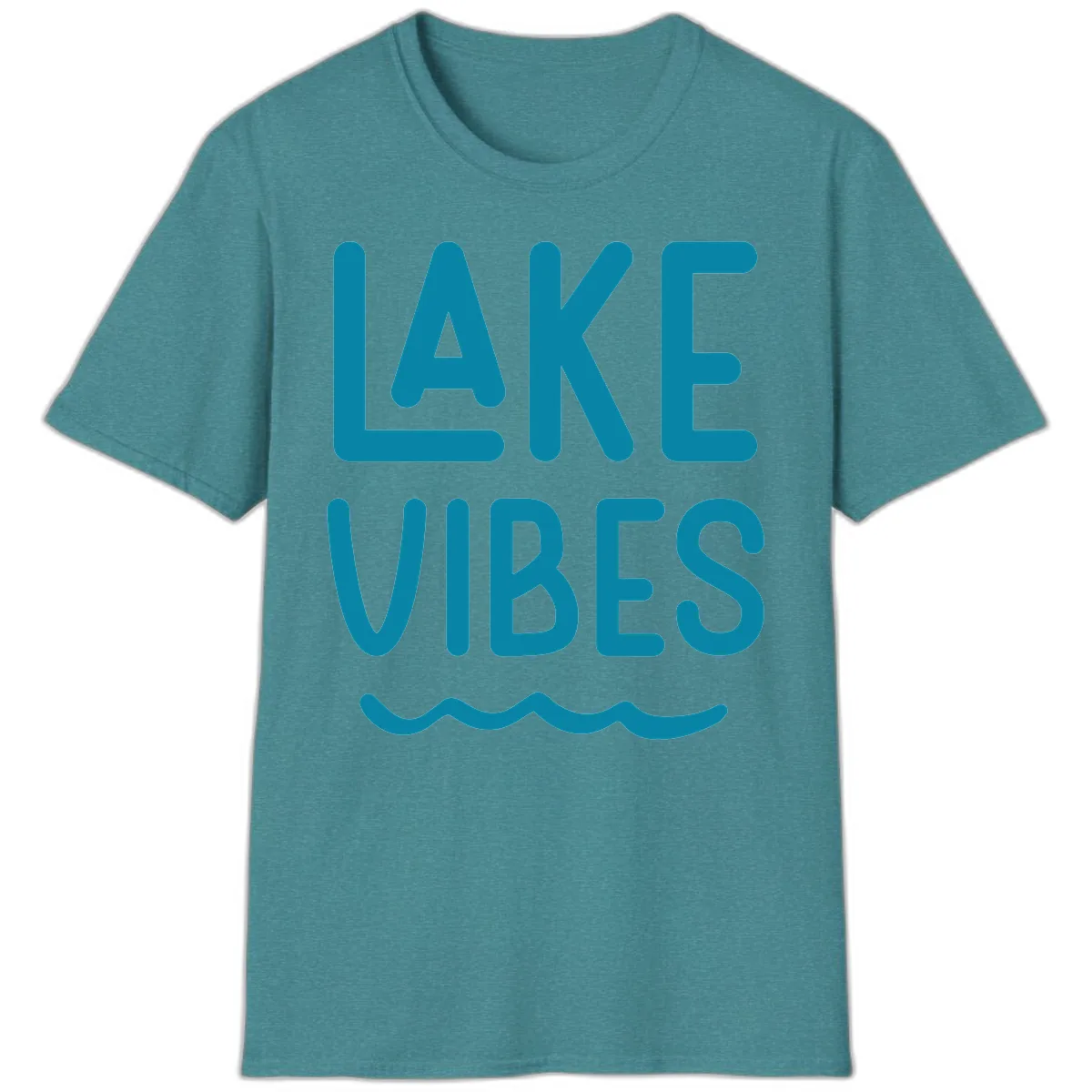 Lake Vibes Typography Design T-Shirt in Heather Galapagos Blue
