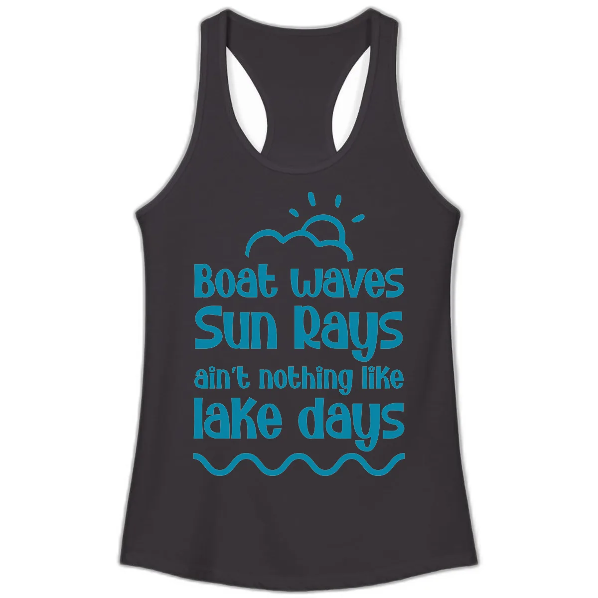 Boat Waves Sun Rays Lake Days Ladies Tank in Black