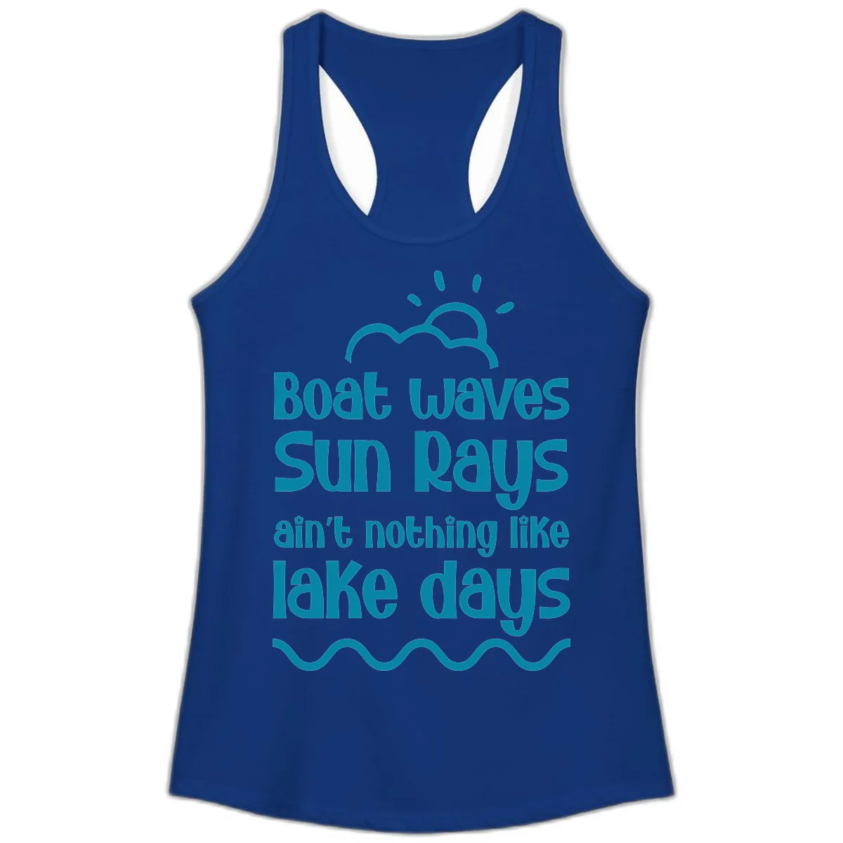Boat Waves Sun Rays Lake Days Ladies Tank in Solid Royal