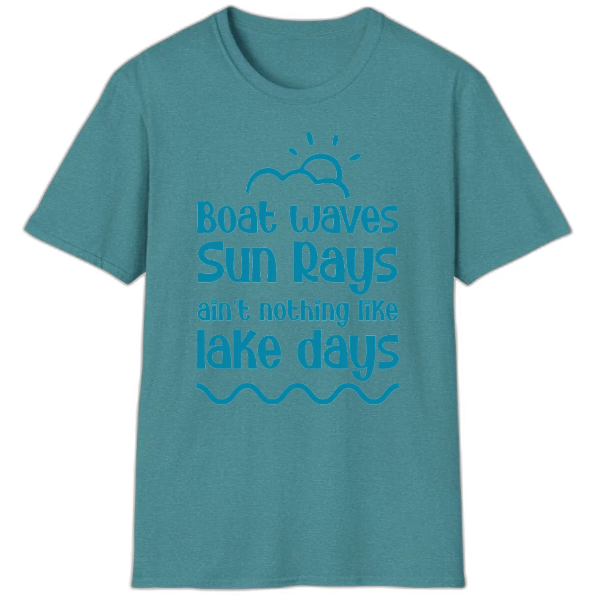 Boat Waves Sun Rays Lake Days T-Shirt in Heather Galapagos Blue