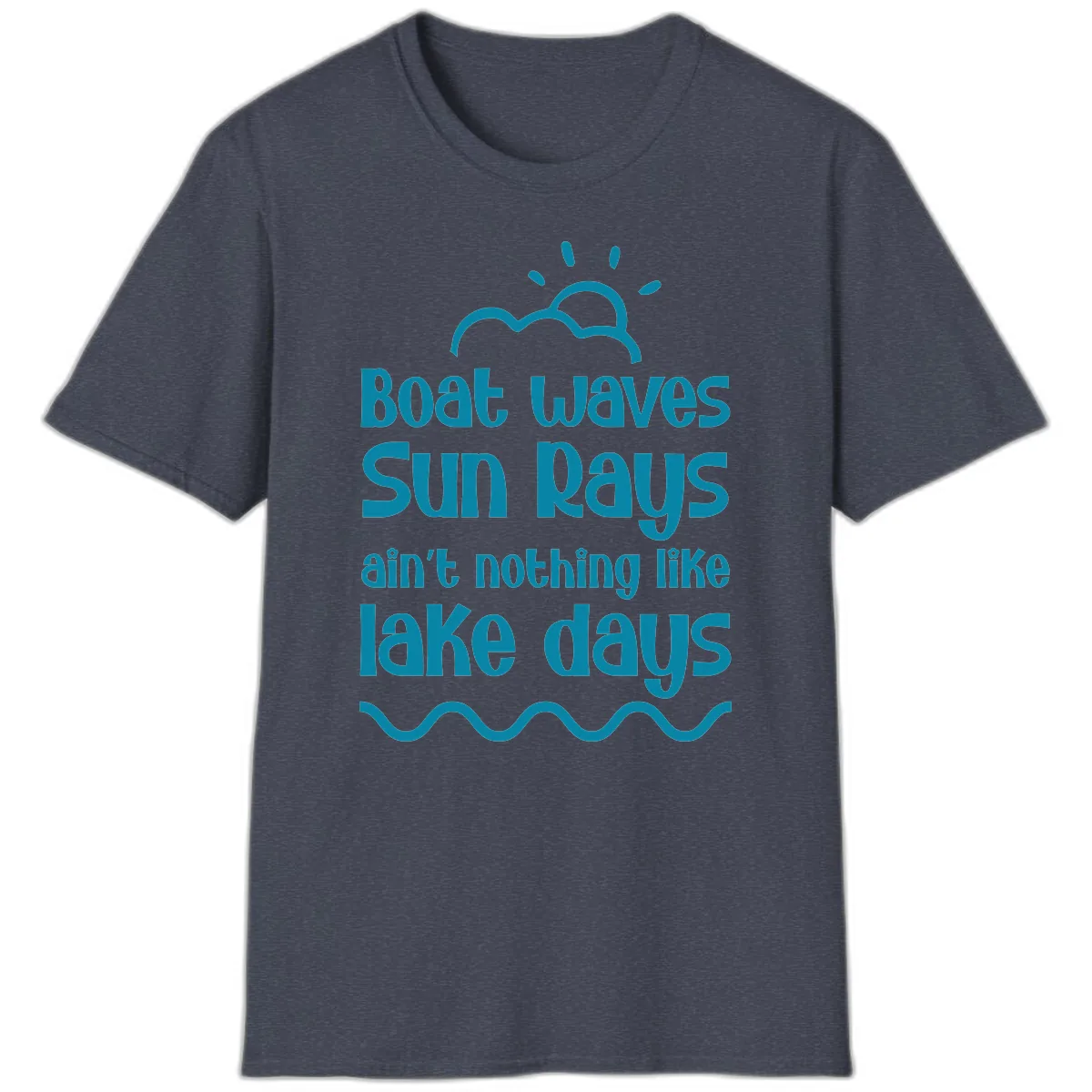 Boat Waves Sun Rays Lake Days T-Shirt in Heather Navy