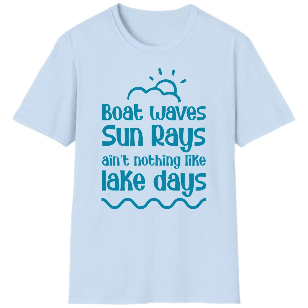 Boat Waves Sun Rays Lake Days T-Shirt in Light Blue