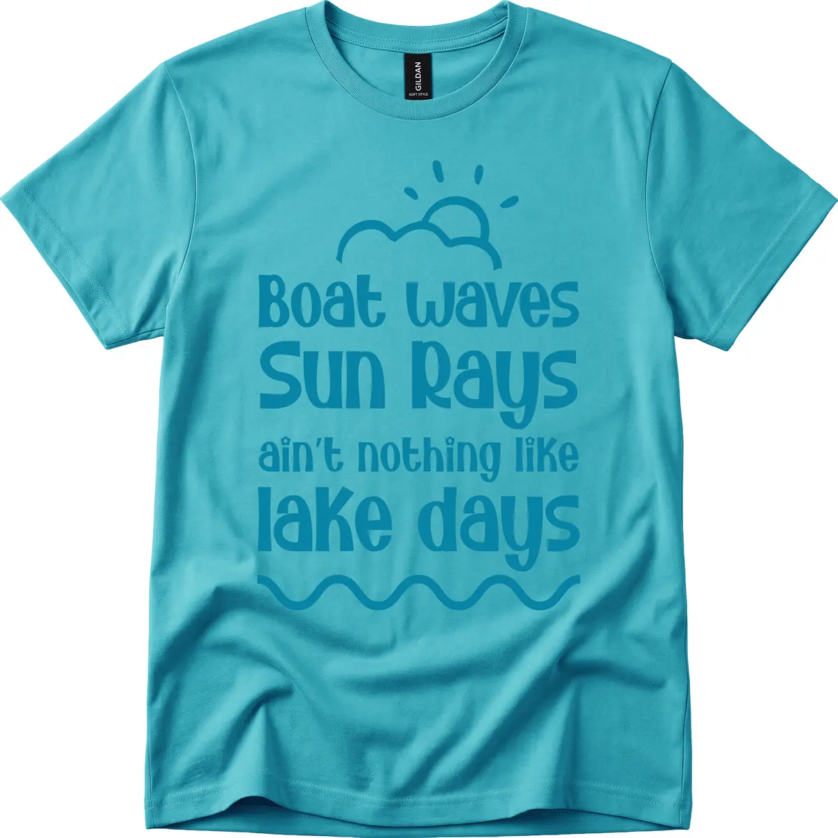Boat Waves Sun Rays Lake Days T-Shirt in Tropical Blue