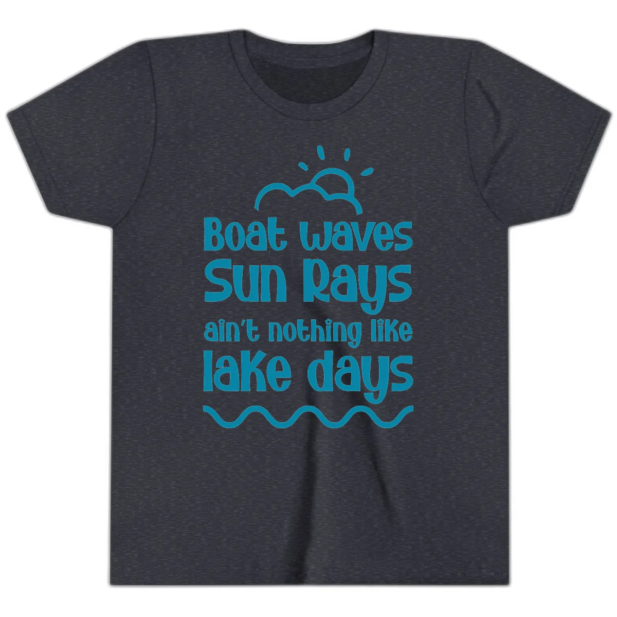 Boat Waves Sun Rays Lake Days Youth T-Shirt in Heather Navy