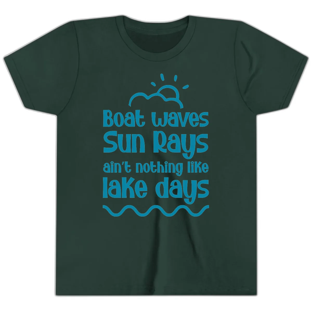 Boat Waves Sun Rays Lake Days Youth T-Shirt in Forest