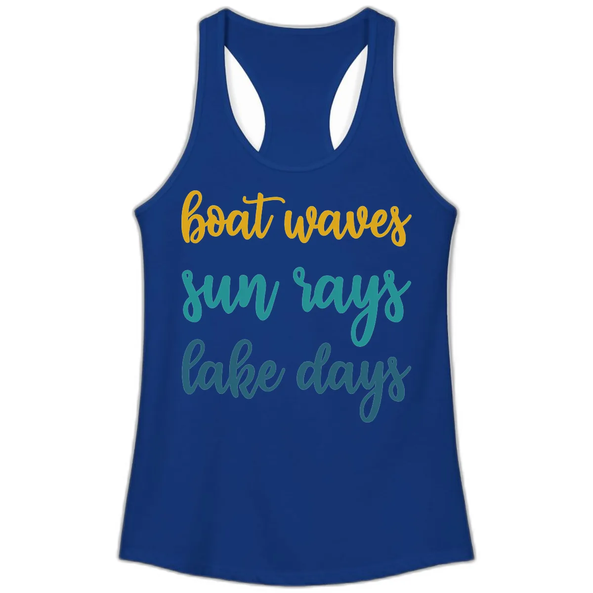 Boat Waves Sun Rays Lake Days Ladies Tank in Solid Royal