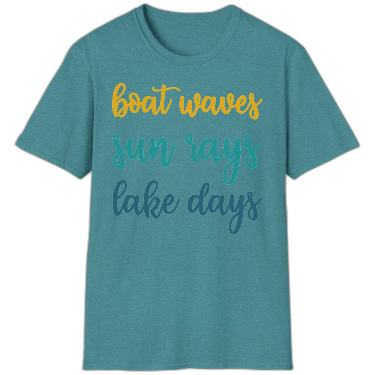 Boat Waves Sun Rays Lake Days T-Shirt in Heather Galapagos Blue