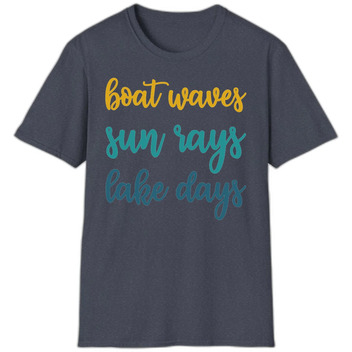 Boat Waves Sun Rays Lake Days T-Shirt in Heather Navy