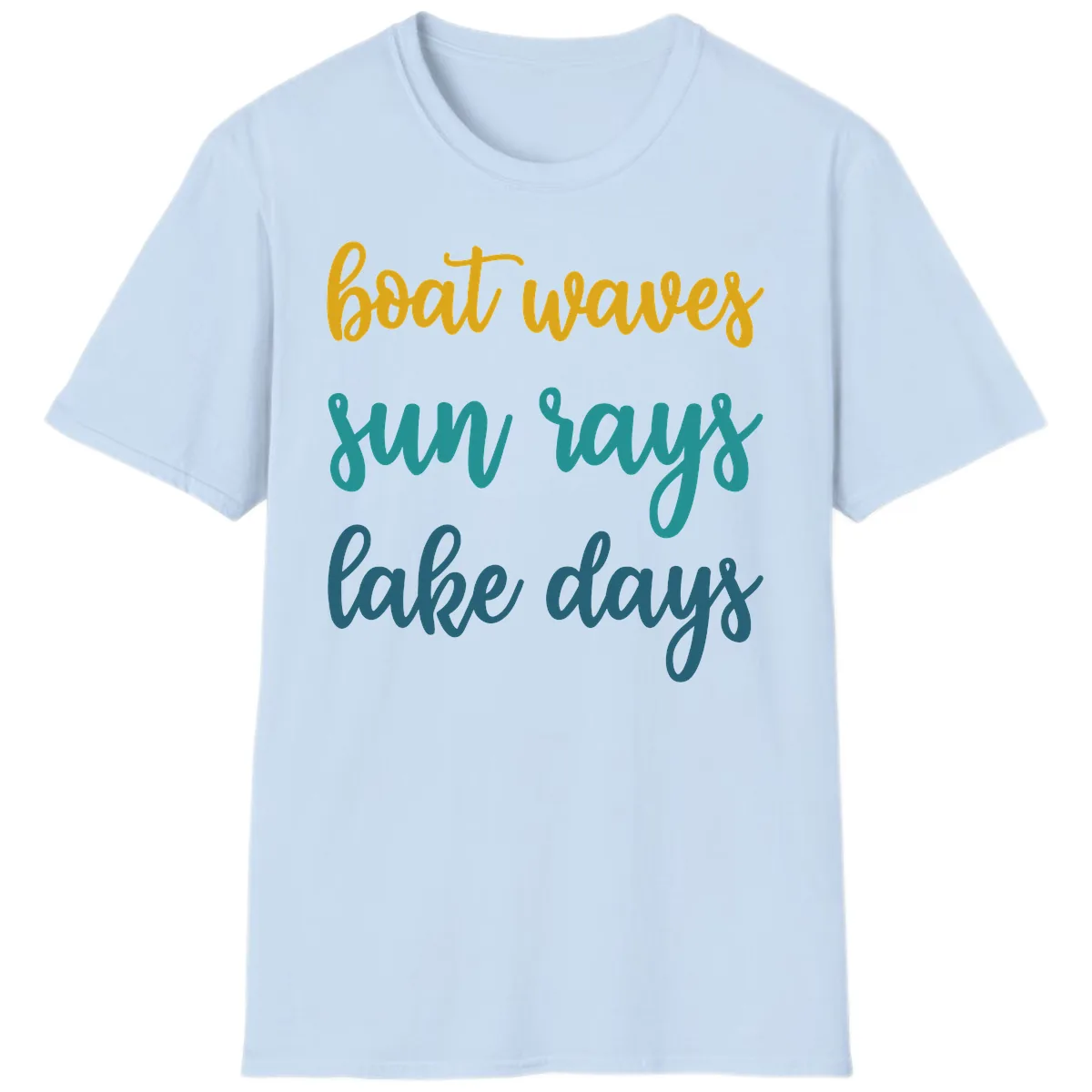 Boat Waves Sun Rays Lake Days T-Shirt in Light Blue