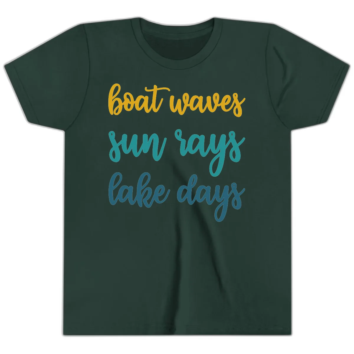 Boat Waves Sun Rays Lake Days Youth T-Shirt in Forest