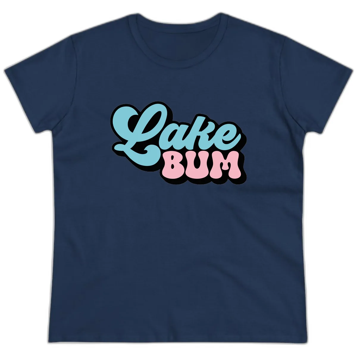 Lake Bum Retro Script Design Ladies Tee in Navy