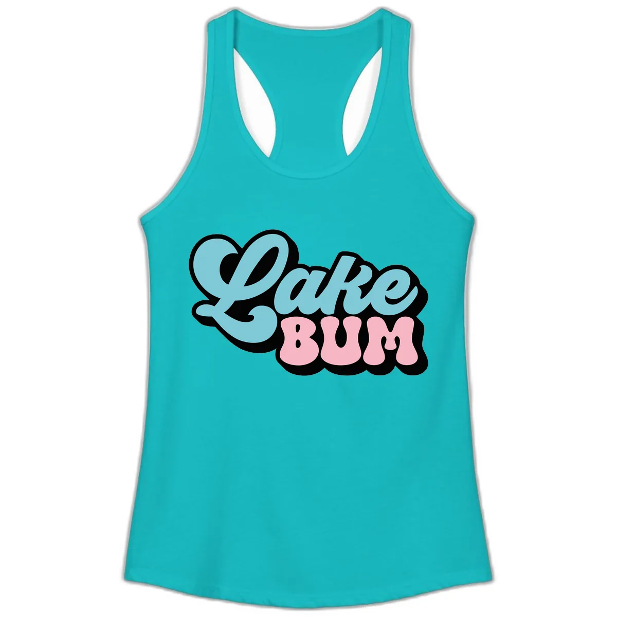 Lake Bum Retro Script Design Ladies Tank in Tahiti Blue