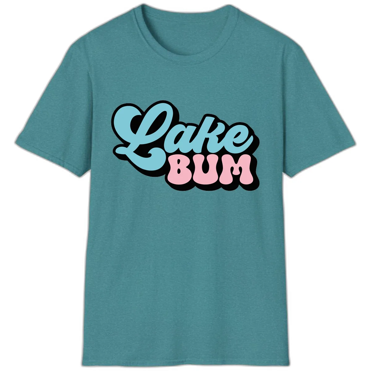 Lake Bum Retro Script Design T-Shirt in Heather Galapagos Blue