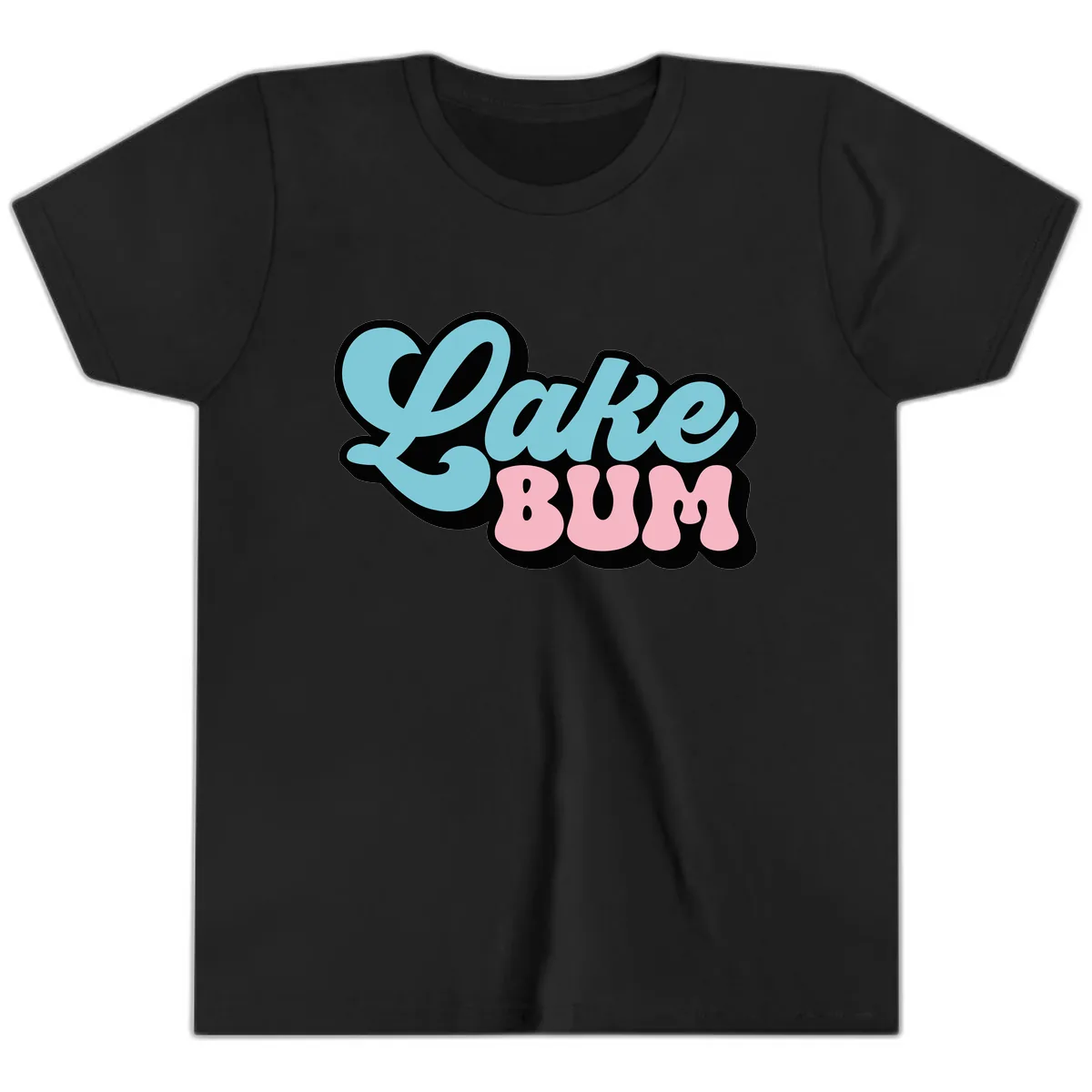 Lake Bum Retro Script Design Youth T-Shirt in Black