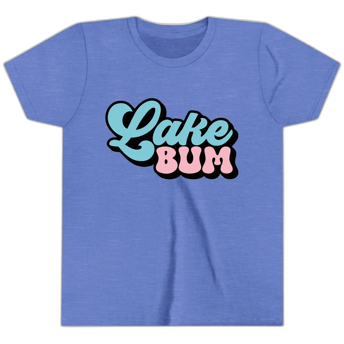 Lake Bum Retro Script Design Youth T-Shirt in Heather Columbia Blue