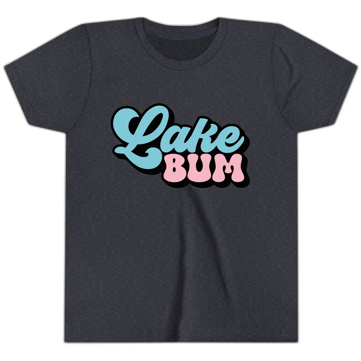Lake Bum Retro Script Design Youth T-Shirt in Heather Navy