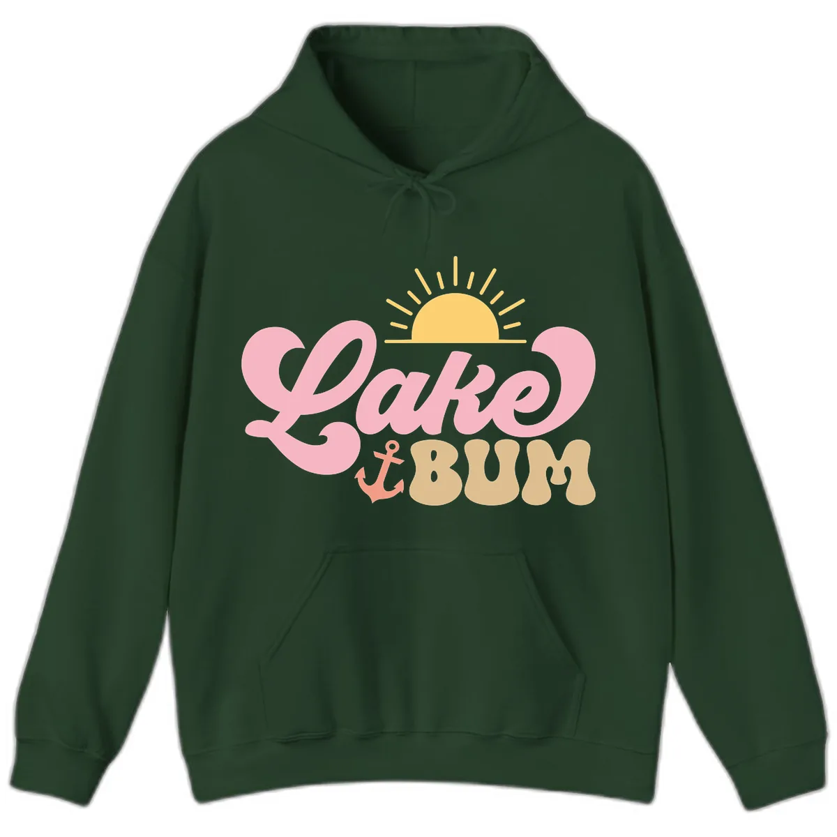 Lake Bum Retro Sun and Anchor Hoodie in Forest Green