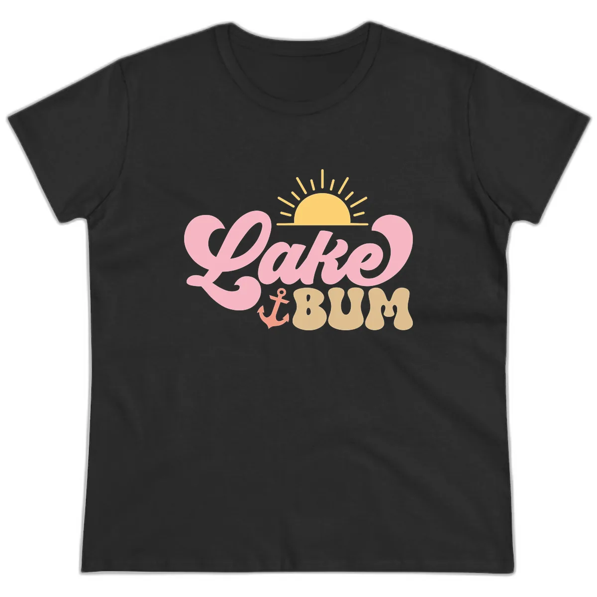Lake Bum Retro Sun and Anchor Ladies Tee in Black