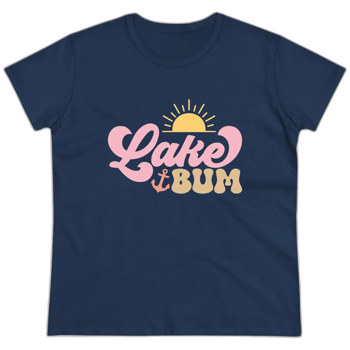 Lake Bum Retro Sun and Anchor Ladies Tee in Navy