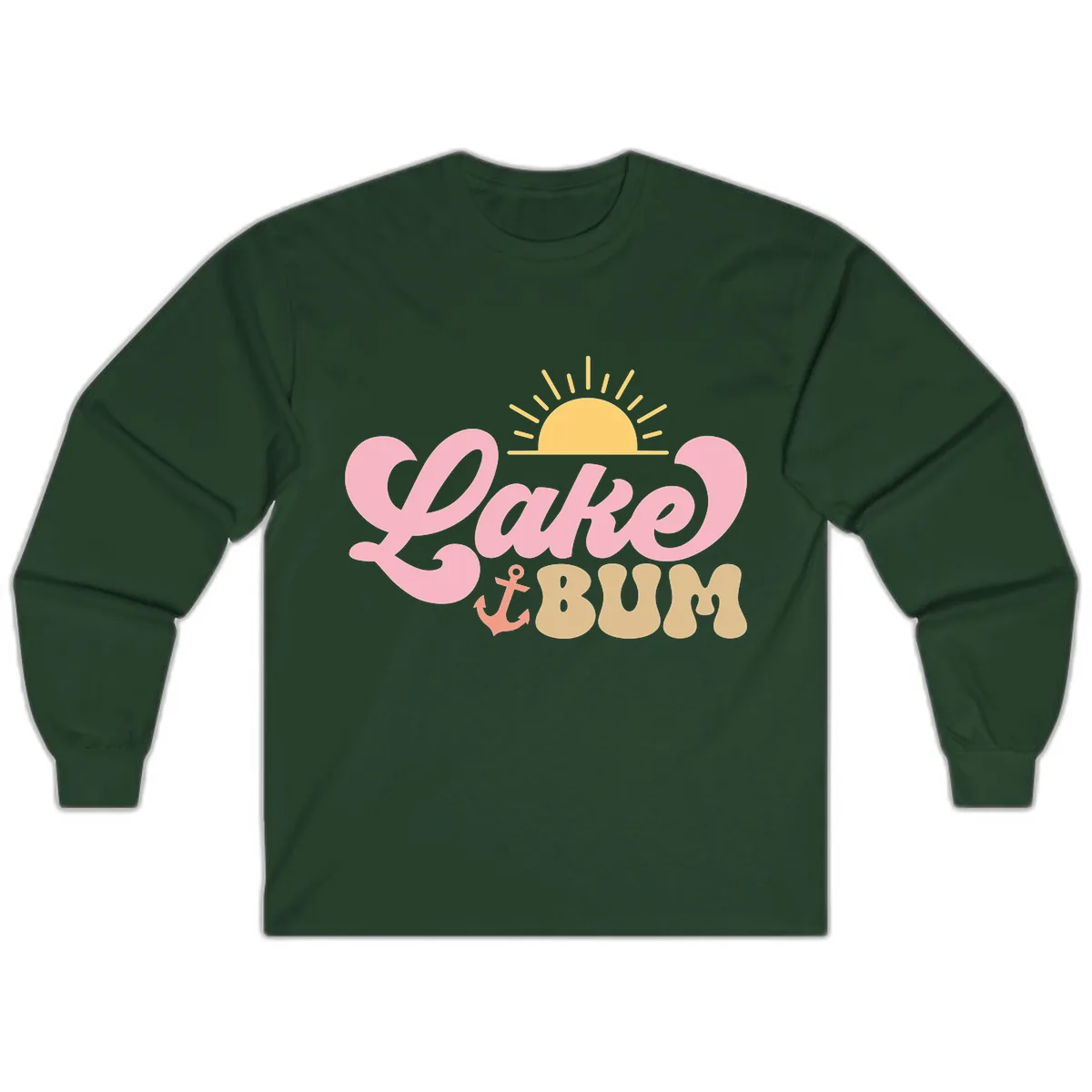 Lake Bum Retro Sun and Anchor Long Sleeve in Forest Green
