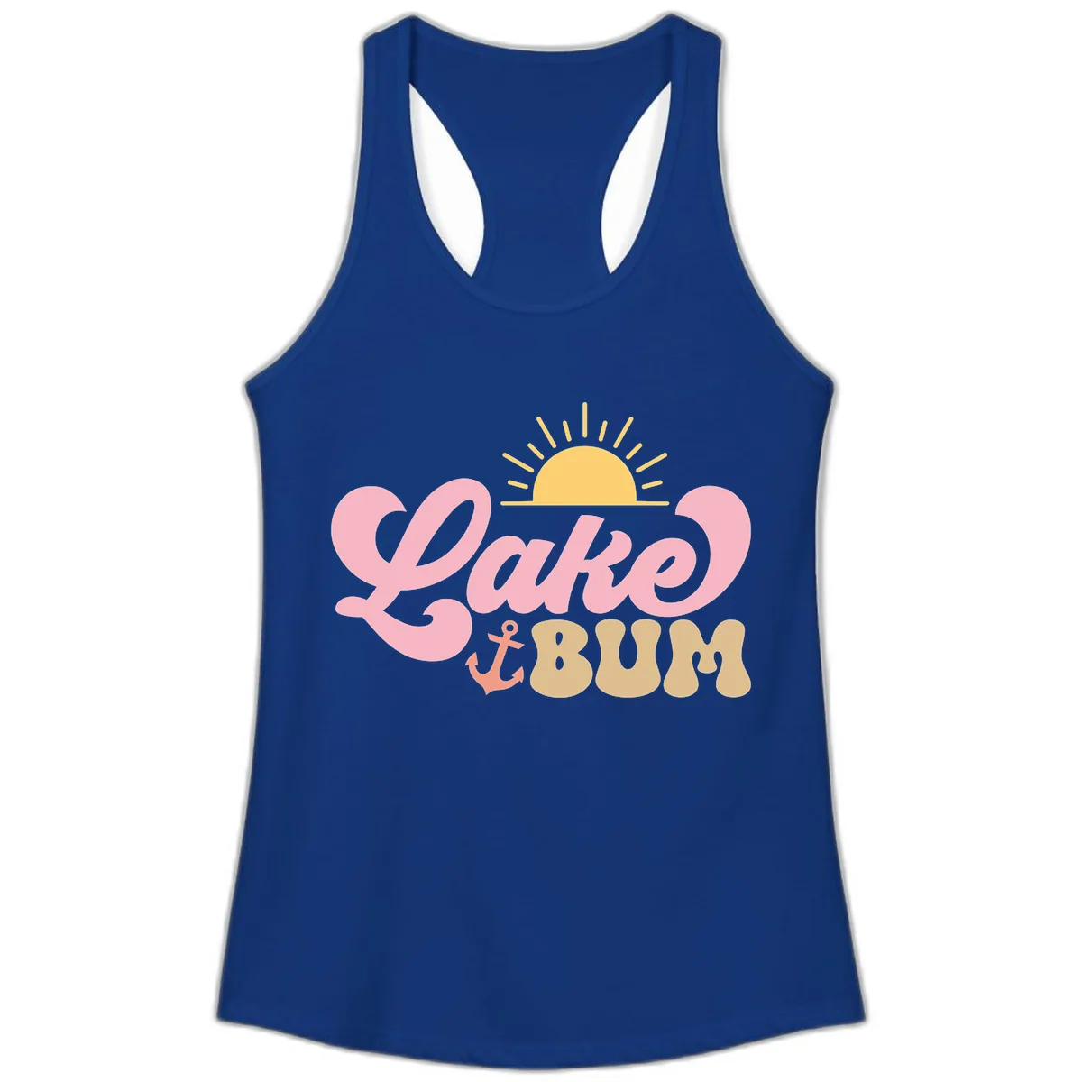 Lake Bum Retro Sun and Anchor Ladies Tank in Solid Royal