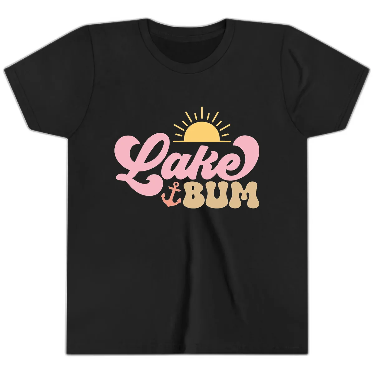 Lake Bum Retro Sun and Anchor Youth T-Shirt in Black