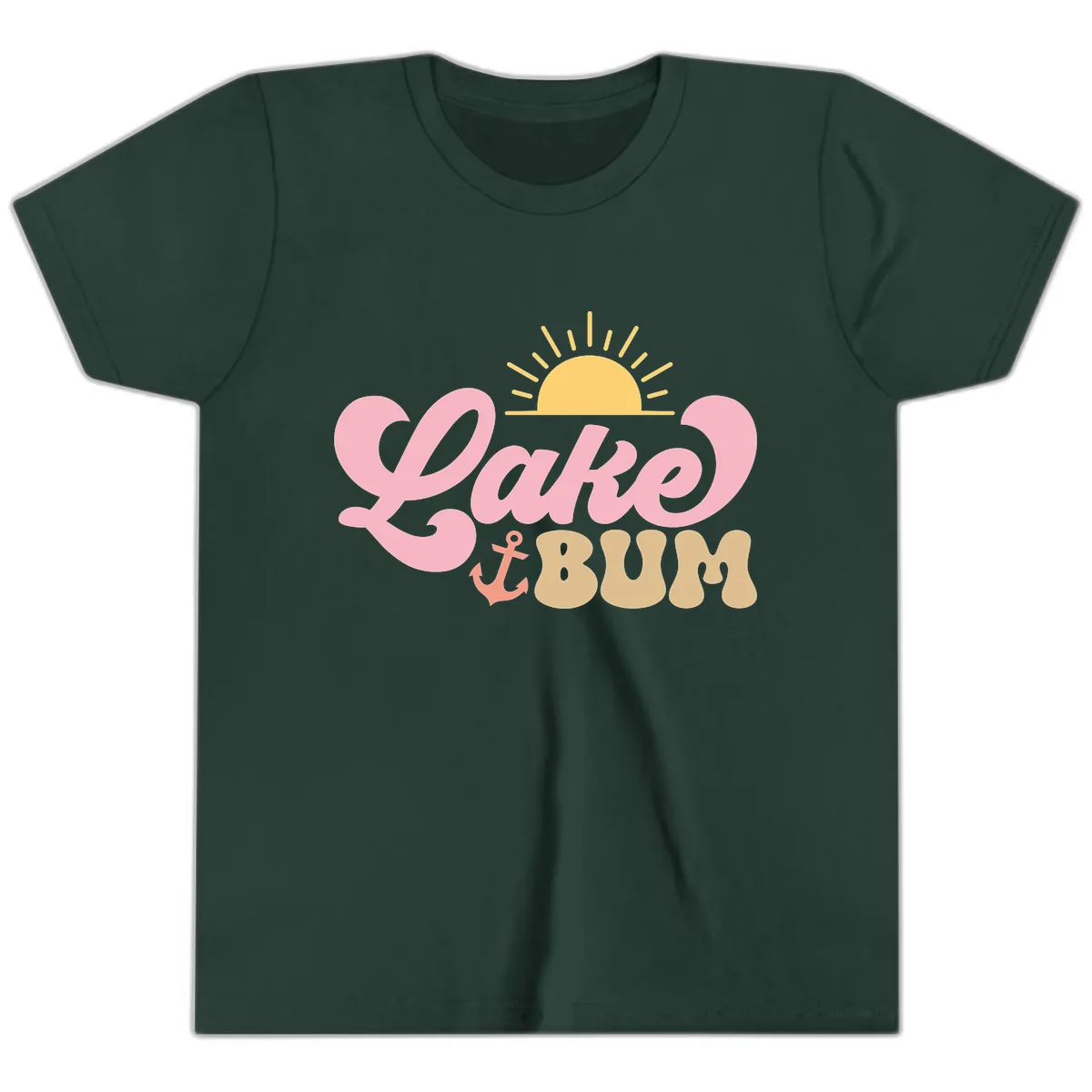 Lake Bum Retro Sun and Anchor Youth T-Shirt in Forest