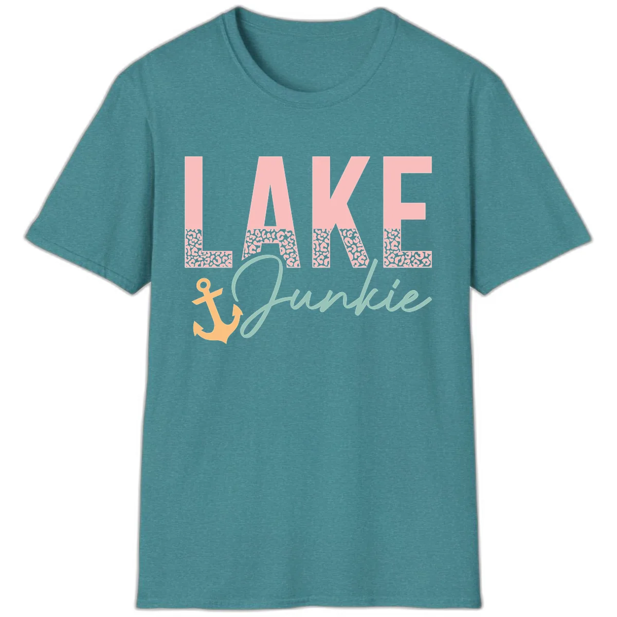 Lake Life Leopard Print Design T-Shirt in Heather Galapagos Blue