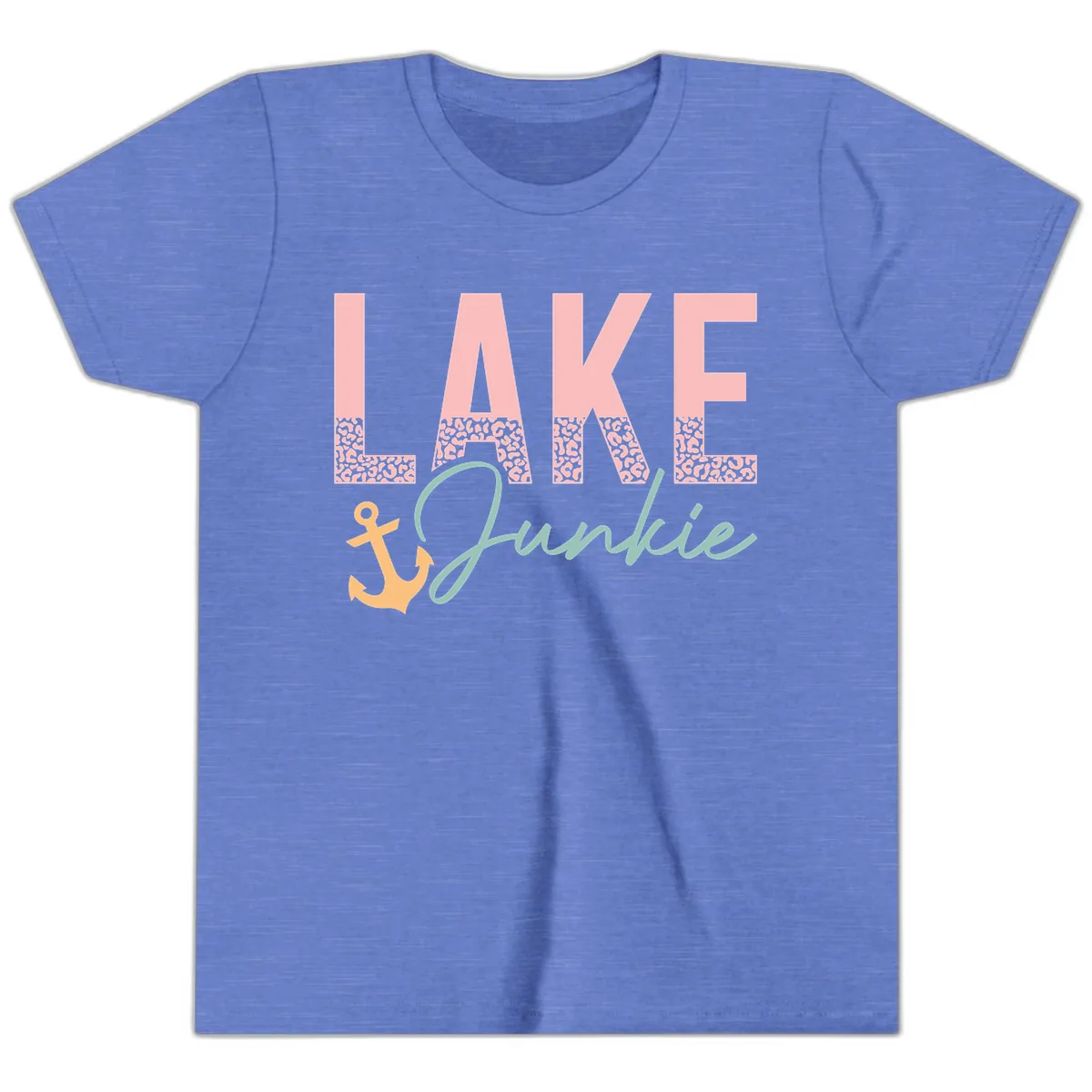 Lake Life Leopard Print Design Youth T-Shirt in Heather Columbia Blue