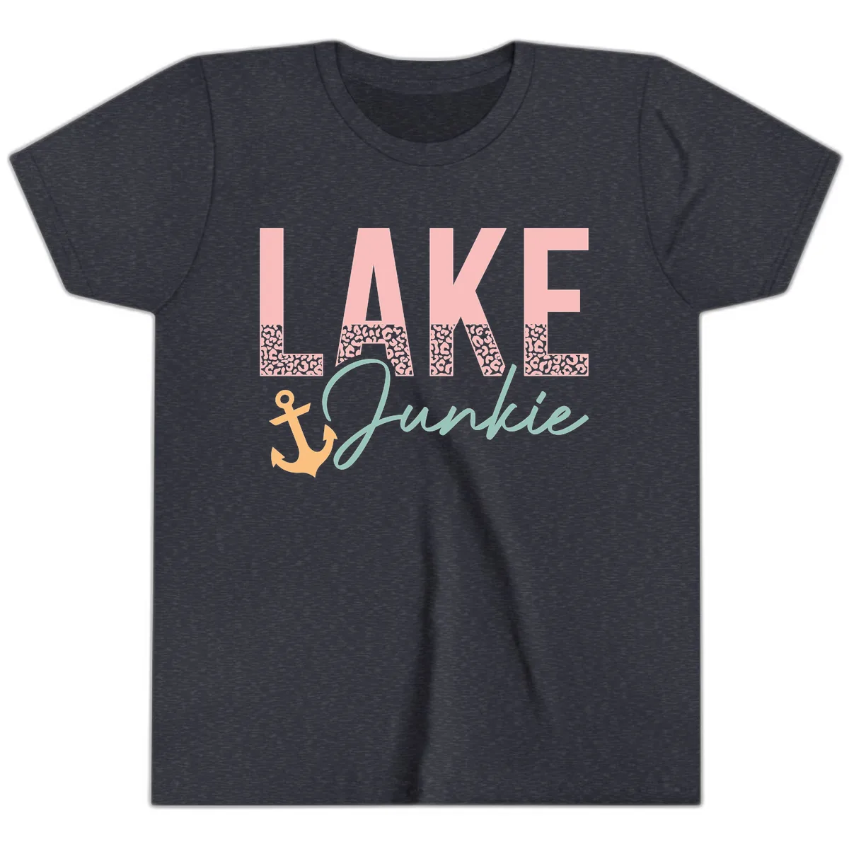 Lake Life Leopard Print Design Youth T-Shirt in Heather Navy