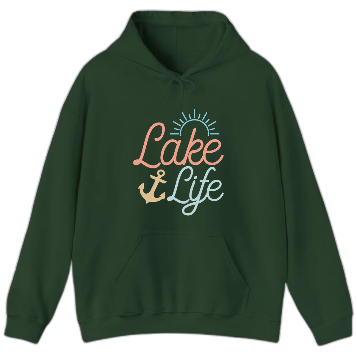 Lake Life Typography Design Hoodie in Forest Green