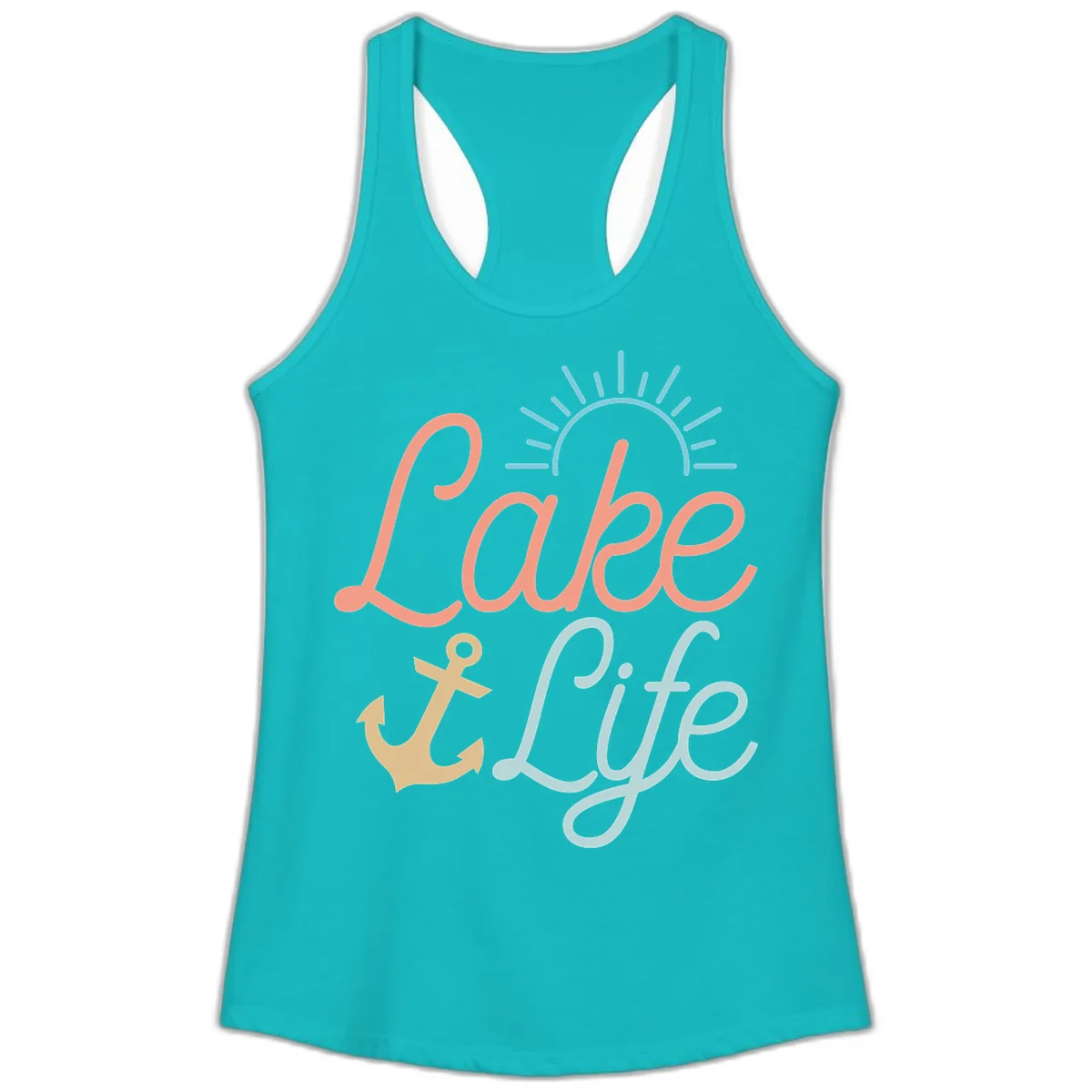 Lake Life Typography Design Ladies Tank in Tahiti Blue