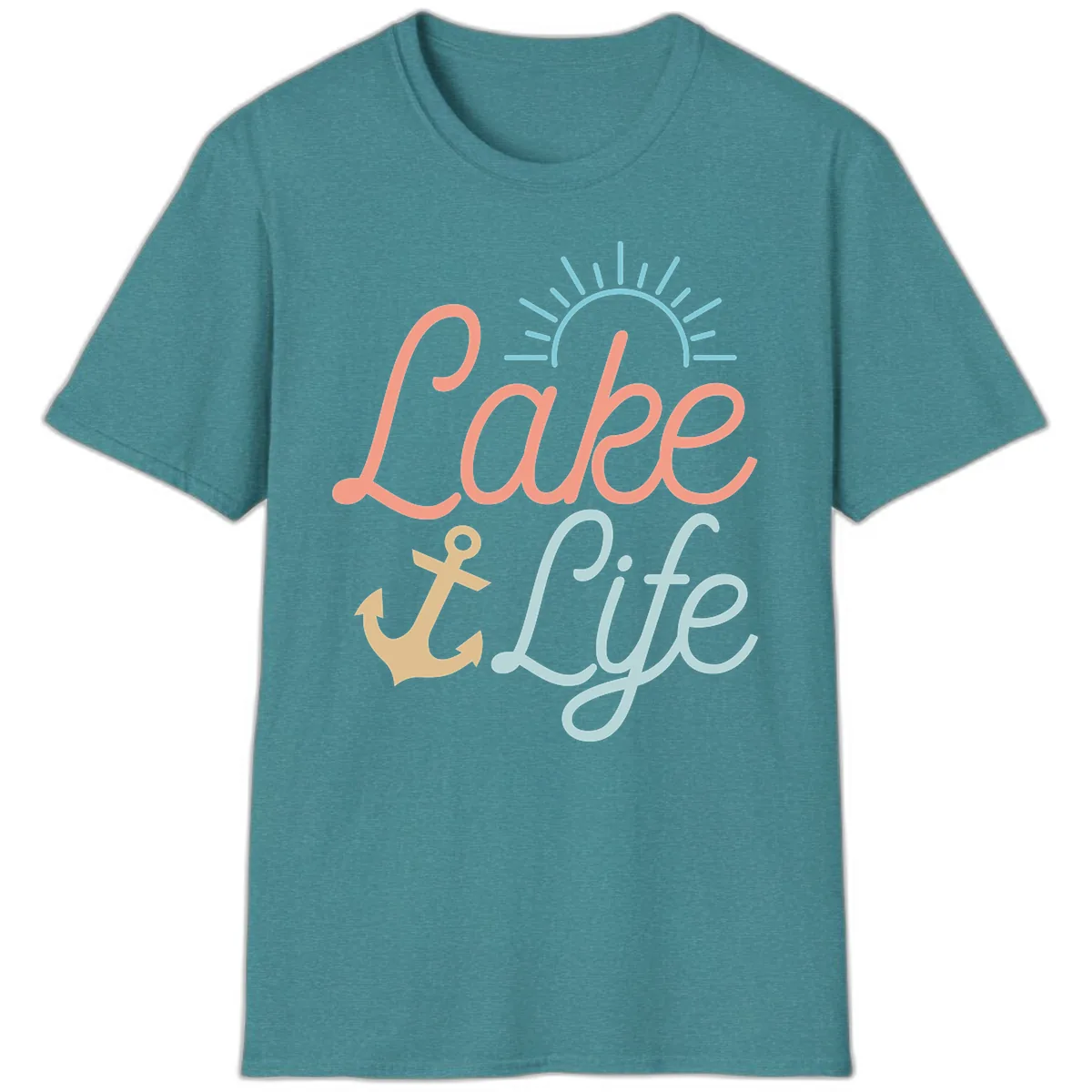 Lake Life Typography Design T-Shirt in Heather Galapagos Blue