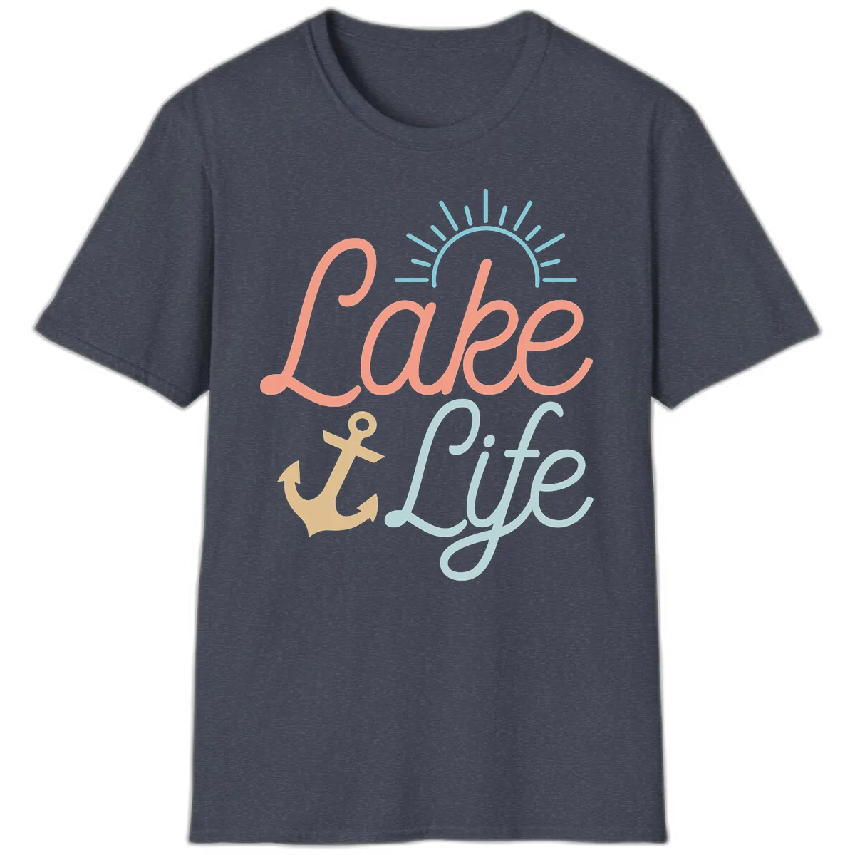 Lake Life Typography Design T-Shirt in Heather Navy