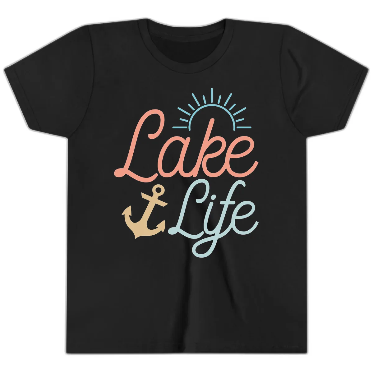 Lake Life Typography Design Youth T-Shirt in Black