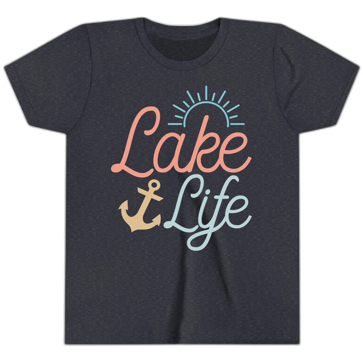 Lake Life Typography Design Youth T-Shirt in Heather Navy