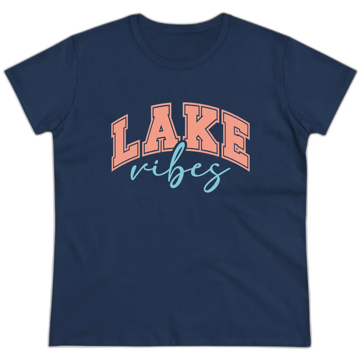 Lake Vibes Arch Design Ladies Tee in Navy