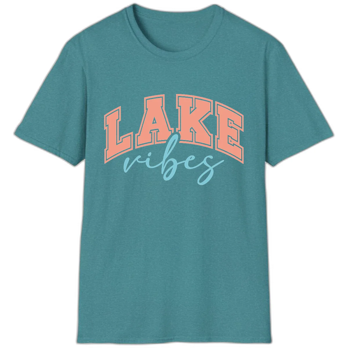 Lake Vibes Arch Design T-Shirt in Heather Galapagos Blue