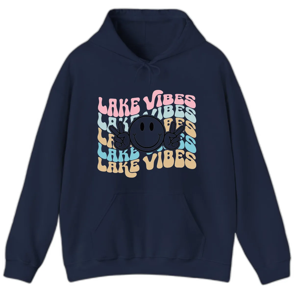 Lake Vibes Retro Smiley Face Hoodie in Navy