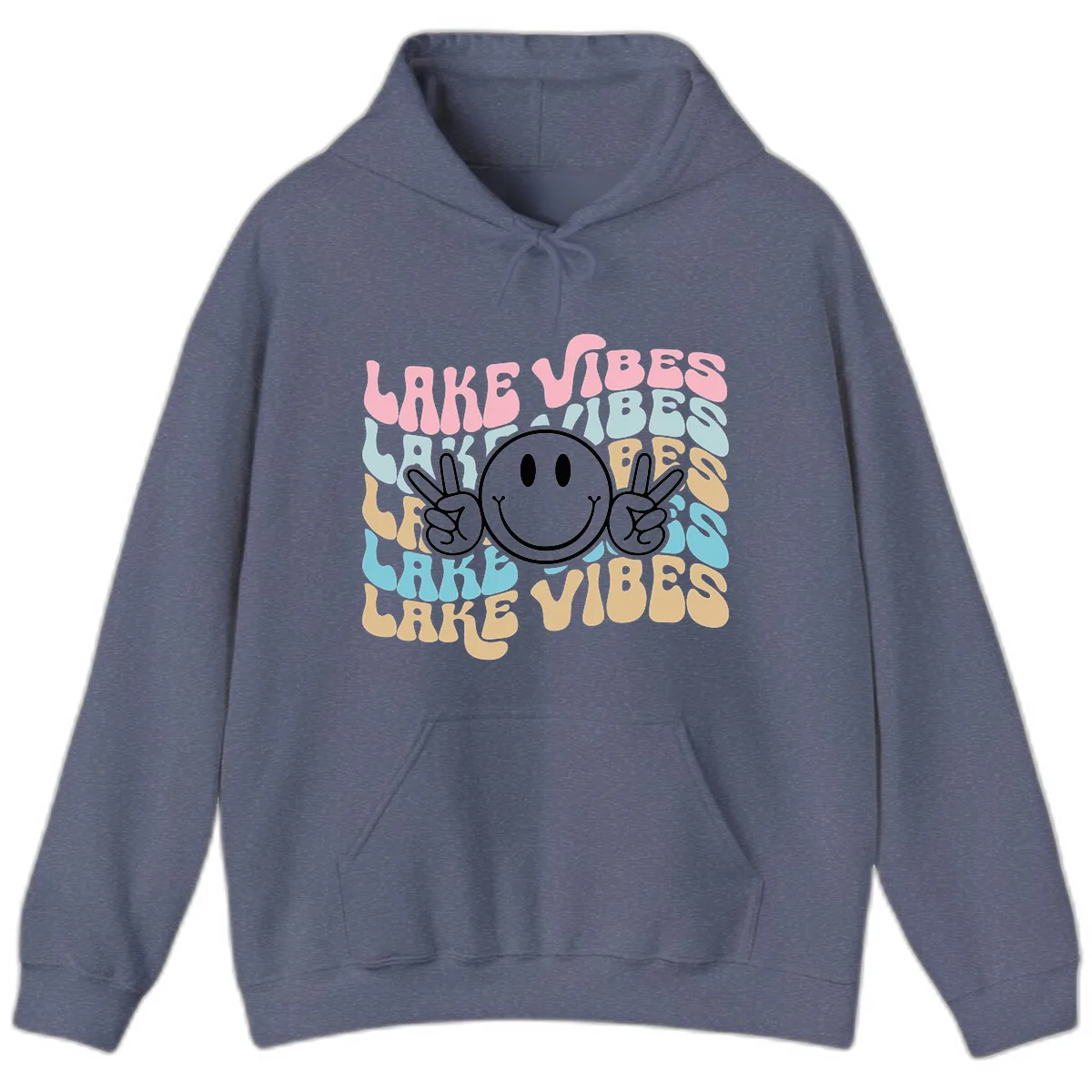 Lake Vibes Retro Smiley Face Hoodie in Heather Navy