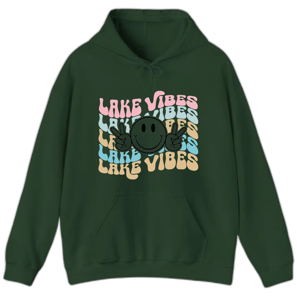 Lake Vibes Retro Smiley Face Hoodie in Forest Green