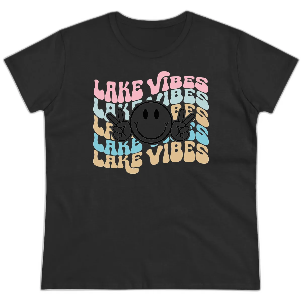 Lake Vibes Retro Smiley Face Ladies Tee in Black
